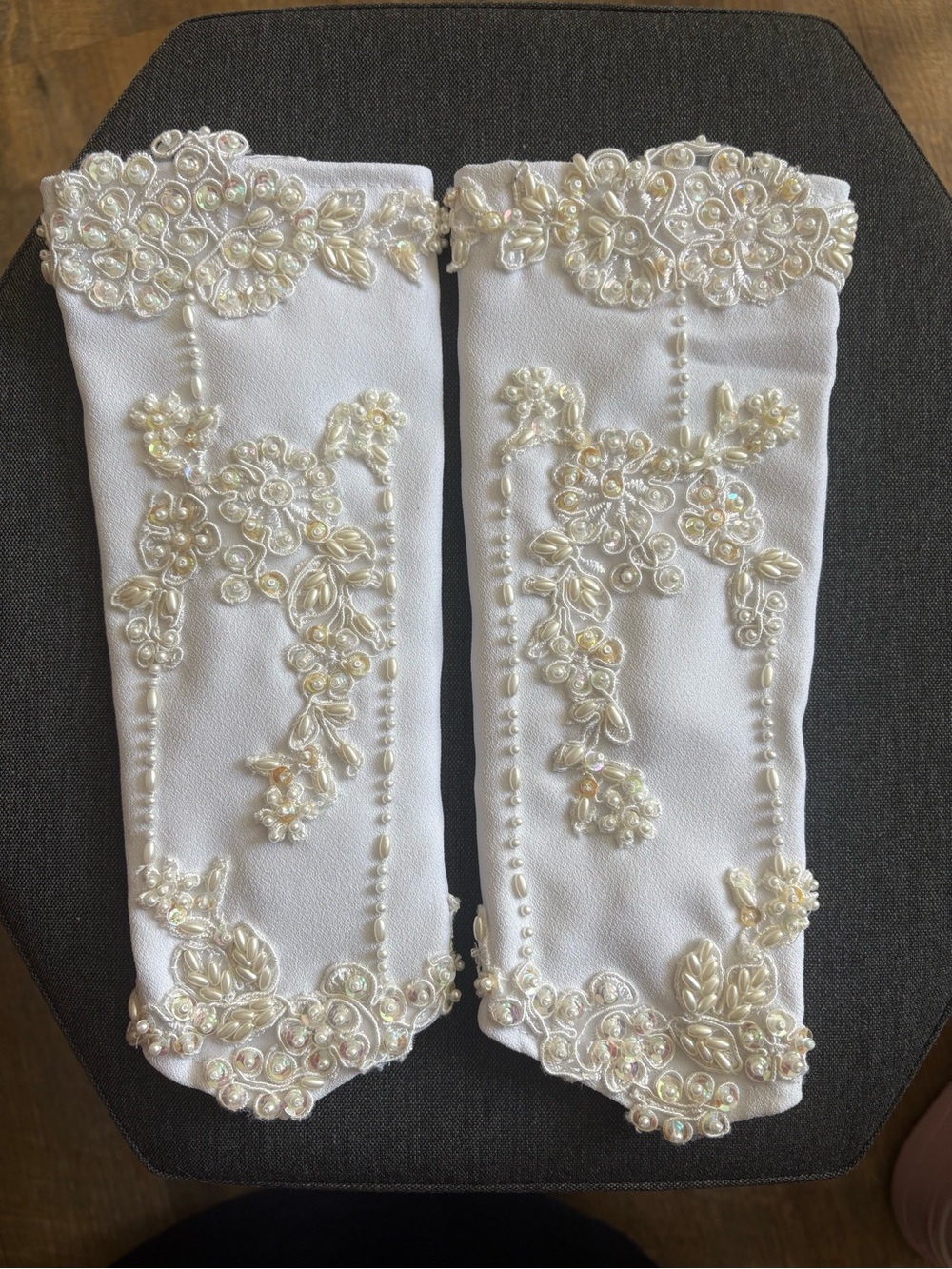 Elegant White Bridal arm Covers with Pearl Embroidery and comes with a headpiece